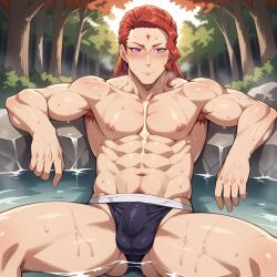 ai_generated black_clover bulge fuegoleon_vermillion male_only muscular_male open_legs