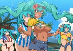 4girls american american_flag_bikini american_miku argentina argentinian argentinian_miku ass beach big_ass big_breasts big_thighs blue_eyes blue_hair blush brazil brazilian brazilian_female brazilian_miku breasts butt censored censored_nipples chubby chubby_female colombia colombian colombian_female colombian_miku cyan_eyes cyan_hair embarrassed embarrassed_female fangs female female_focus female_only freedom_miku grabbing_breasts grabbing_from_behind gun hat hatsune_miku huge_ass huge_thighs latina light-skinned_female open_mouth plump sebasdono tagme tan_body tan_fur tanline thick_hips thick_thighs twintails vocaloid water yuri