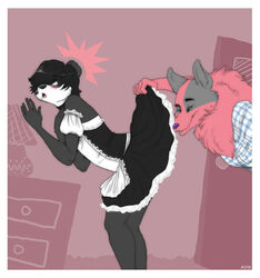 2008 anthro bent_over black black_hair blush canine chest_tuft crossdressing fur furry girly grey hair half-closed_eyes ken_ashcorp kenny kenny_(kenashcorp) maid maid_uniform male mcarson mcarson_(character) open_mouth panda pink short_hair skirt_lift standing surprised