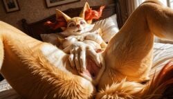 ai_generated anthro bed bedroom braixen female looking_at_viewer looking_pleasured lying lying_on_bed on_back on_bed pillow pokemon pokemon_(species) pussy solo spread_pussy vulva