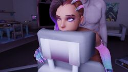 1boy 1girls 3d brown_skin busty female male nude_female overwatch overwatch_2 penis purple_hair redagent sex sombra white_skin