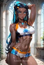 1girls 2d ai_generated ai_sensuality blue_eyes dark-skinned_female medium_breasts midriff nessa_(pokemon) pokemon pokemon_(anime) revealing_clothes solo_female wide_hips