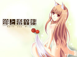 1girls 4:3 animal_ears apple brown_hair female grass holo kazumi1904 long_hair looking_at_viewer mammal nude ookamimimi red_eyes sitting soft solo spice_and_wolf tail wallpaper wolf_ears wolfgirl