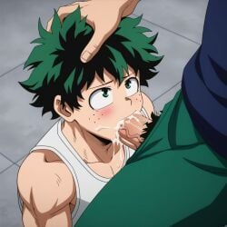 2boys ai_generated black_pubic_hair blowjob cum cum_in_mouth deku fellatio freckles gay gay_blowjob gay_domination giving_head hand_on_head izuku_midoriya looking_at_partner looking_up male male/male midoriya_izuku my_hero_academia oral pubic_hair shindou_you sucking yaoi yo_shindo