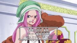 10s 2019 age_regression aged_down animated anime_screenshot boots breast_expansion breasts brown_footwear brown_jacket character_name cleavage female female_focus hat jacket jewelry_bonney large_breasts lipstick long_hair makeup midriff one_piece piercing pink_hair purple_eyes shirt sitting solo sound tagme teeth transformation video white_shirt