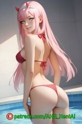 1girls ahq_hentai ai_generated bikini blue_eyes blush darling_in_the_franxx horns medium_breasts patreon perfect_body pink_hair poolside smile stable_diffusion standing zero_two_(darling_in_the_franxx)