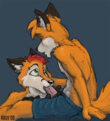 anthro bed boxers canine fellatio fox fur furry furry_only gay green_eyes heart male oral oral_sex penis piercing poking_out rikoshi sean_o'hare sex sitting underwear