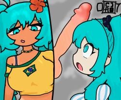 1futa 1girls argentina argentinian_miku big_penis blue_eyes blue_hair brazilian brazilian_female brazilian_futa brazilian_miku cjao_07 dark-skinned_futanari duo erection female futa_on_female futanari hatsune_miku human light-skinned_female light_skin penis penis_awe self_upload selfcest tan tan_body uncensored vocaloid