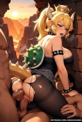 1girls 2boys ai_generated ariavisions blonde_hair blue_eyes bowsette crown cum_in_ass cum_in_pussy double_penetration female male multiple_boys penis