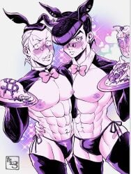 bara breasts bunny_boy bunny_costume bunnysuit embarrassed japanese_text jojo's_bizarre_adventure josuke_higashikata male_only muscular muscular_male nipples okuyasu_nijimura pecs