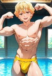 abs ai_generated armpit_hair bathhouse biceps blonde_hair blush demon_slayer flexing_arms gay jockstrap jockstrap_only looking_at_viewer male male_only muscular muscular_male nipples nude_male pecs smile toned_body toned_male twall97 yellow_eyes yellow_hair zenitsu_agatsuma