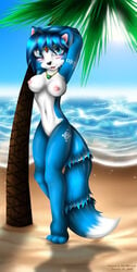 anthro beach blue blue_eyes blue_hair blush breasts canine female fox fur furry hair headband krystal looking_at_viewer necklace ocean sand seaside short_hair solo standing star_fox stretching tail video_games water whitmaverick