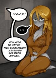 ._. 1girls 2d alternate_version_available ananakawaii barefoot big_ass big_breasts blonde_hair clothing d-class english_text female female_only grey_body grey_skin light_brown_eyes long_hair looking_at_viewer orange_clothing scp-032 scp_containment_breach scp_foundation sitting solo text third_subdivision_studios