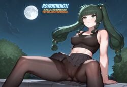 ai_generated arms_behind_back black_pantyhose black_skirt black_tank_top bush cameltoe covered_nipples expressionless green_eyes green_hair hair_ornament light-skinned_female light_skin moon no_panties pantyhose qingyi_(zenless_zone_zero) robot_girl royrathehot see-through_clothing see-through_pantyhose see-through_top sitting skirt tank_top twintails watermark zenless_zone_zero