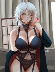 black_coat blue_eyes bra breasts cellphone coat collarbone dudeunderscore faust_(limbus_company) female garter_straps holding holding_phone indoors large_breasts limbus_company lingerie long_sleeves navel panties phone project_moon short_hair solo underwear white_hair