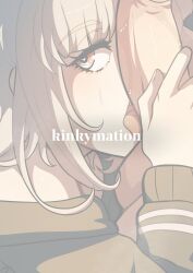 1boy artist_name blush brown_hair danganronpa_(series) danganronpa_2:_goodbye_despair fellatio female highres hood hood_down kinkymation licking licking_penis long_sleeves nanami_chiaki oral penis pink_eyes solo_focus straight testicles