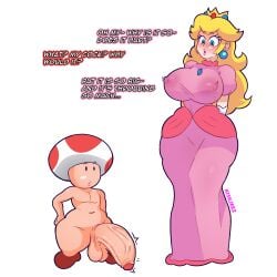 big_breasts blonde_female blonde_hair blue_eyes blush blushing_female breasts cleavage dress flabbergasted hair hair_over_one_eye huge_breasts imminent_rape kiskjeez large_breasts male/female mario_(series) naked_male nintendo princess princess_peach tagme tight_dress toad_(mario) voluptuous voluptuous_female white_background