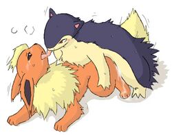 all_fours black_eyes blush cum doggy_style eeveelution female flareon from_behind kissing male mikazuki_karasu pokemon pokemon_(species) red_eyes sex straight straight_hair sweat tail tear tongue typhlosion