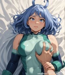 1boy ai_generated bangs bare_shoulders bed bed_sheet blue_eyes blue_hair blush bodysuit boku_no_hero_academia breast_grab breasts closed_mouth clothing covered_navel crying crying_with_eyes_open detached_sleeves elbow_gloves eyebrows female female gloves grabbing groping hadou_nejire jousneystudio large_breasts leotard lips long_hair looking_at_viewer lying male medium_breasts my_hero_academia navel nejire_hado nipples on_back on_bed parted_lips pillow short_hair skin_tight sleeveless solo_focus straight tears upper_body