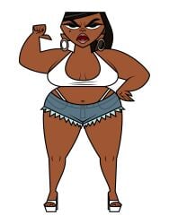 1girls angry annoyed annoyed_expression bare_midriff bbw big_breasts black_body black_eyes black_hair breasts busty cartoon_network chubby chubby_female crop_top curvaceous curvaceous_body curvaceous_female curvaceous_figure curvy curvy_female curvy_figure dark-skinned_female dark_skin denim_shorts earrings ebony eyeshadow female female_focus female_only full_body heels high_heels huge_breasts jean_shorts jk94 large_breasts leshawna_(tdi) lipstick long_hair looking_at_viewer mole_(marking) mole_under_eye navel open_toe_shoes platform_heels ponytail posing posing_for_the_viewer shorts solo solo_female tagme thick thick_ass thick_hips thick_legs thick_lips thick_thighs thong total_drama_(series) total_drama_island voluptuous voluptuous_female white_background wide_hips