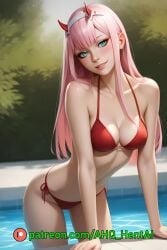 1girls ahq_hentai ai_generated bikini blue_eyes blush darling_in_the_franxx horns medium_breasts patreon perfect_body pink_hair poolside smile stable_diffusion standing zero_two_(darling_in_the_franxx)