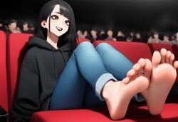 1boy ai_generated arms_at_sides barefoot black_hair black_hoodie black_lipstick brown_eyes earrings eyeliner feet feet_up feminine_male jeans long_hair looking_up movie_theater pale_skin sitting smile soles steam