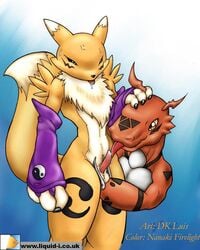 1boy anthro brown_eyes canine claws digimon dk_luis fox fur furry furry_only gay gloves guilmon licking looking_at_viewer male male/male male_anthro male_only male_renamon oral penis red renamon standing sweat tongue yaoi yellow_eyes