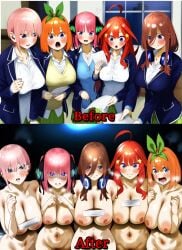 5girls ai_generated before_and_after big_breasts blue_eyes breasts female female_focus go-toubun_no_hanayome huge_breasts large_breasts multiple_girls nakano_ichika nakano_itsuki nakano_miku nakano_nino nakano_yotsuba naked naked_female nude nude_female orange_hair pink_hair red_hair school_uniform schoolgirl