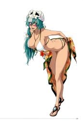 1girls aqua_hair arrancar bare_shoulders bent_over big_breasts big_breasts big_breasts bikini bleach bleach_brave_souls bracelet breasts breasts breasts cleavage clothed clothes clothing facial_mark feet female female_focus female_only flower front-tie_bikini front-tie_bikini_top front-tie_top full_body green_hair hair hair_between_eyes hair_ornament halterneck hanging_breasts hibiscus huge_breasts jewelry large_breasts leaning_forward long_hair looking_at_viewer necklace nelliel_tu_odelschwanck no_background official_art open_mouth open_mouth_smile sandals sarong scar simple_background skull smile smiling solo solo_female solo_focus standing summer swimsuit swimwear thighs video_game white_background white_bikini