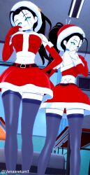 android beepo_(chunkymoon) black_hair blue_body blue_eyes machine ponytail robot robot_girl santa_costume santa_hat stockings