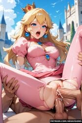 1girls 2boys ai_generated ariavisions blonde_hair blue_eyes cum_in_ass cum_in_pussy double_penetration earrings female male multiple_boys penis princess_peach screaming sex