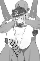 1boy 1girls absurdres after_vaginal anger_vein bald bar_censor blush breasts breasts_apart censored changmi clenched_hand clenched_teeth combat_helmet crossed_bangs cumdump erection faceless faceless_male female full_nelson gloves greyscale half_gloves hand_on_own_thigh heart helmet highres interracial kneehighs large_variant_set looking_down luciana_de_montefio male mask mask_around_neck monochrome navel nipples no_shoes nude penis pickelhaube pussy rape respirator reverse_suspended_congress side_ponytail simple_background small_breasts socks star_(symbol) star_in_eye stomach straight sweat symbol_in_eye tears teeth testicles variant_set white_background zenless_zone_zero