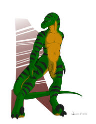 1boy balls claws dinosaur green male male_only necrodrone nude penis raptor scalie solo standing uncut