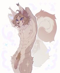 abs absurd_res anthro athletic balls big_tail buckteeth digital_drawing_(artwork) digital_media_(artwork) ear_tuft flexing fur fur_markings genitals hair half-length_portrait hands_behind_head hi_res hip_tuft incisors male mammal markings multicolored_body multicolored_fur nipples nude penis portrait purple_eyes rodent sciurid simple_background smile solo squirrel tail tan_hair teeth toned_male tsubakiiiiii tuft viktor_(deztort)
