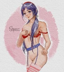 1girls artwork_(digital) bangs blue_eyes blue_hair blush bra bra_pull closed_mouth clothing digital_art digital_drawing digital_drawing_(artwork) digital_media_(artwork) female female_focus hair hair_ornament hairband hairclip legwear lingerie long_hair looking_at_viewer miside mita_(miside) nude nude_female purple purple_eyes purple_hair shpauz simple_background small_breasts solo stockings twintails watercolor young younger_female