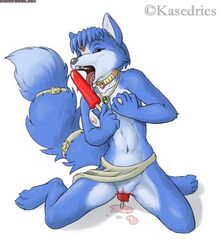 anthro blue blue_hair breast_fondling breasts canine claws clitoris collar female fondling food fox fur furry green_eyes hair headband kasedries kneeling krystal licking masturbation necklace nipples popsicle popsicle_in_pussy popsicle_insertion pussy short_hair solo star_fox tail tongue toy video_games