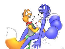 2005 anthro bed blue blue_hair blush breast_fondling breasts canine female fingerless_gloves fondling fox fox_mccloud fur furry green_eyes hair kissing krystal love male necklace orange saliva saliva_string short_hair sitting standing star_fox straight syberfox tail video_games white_hair