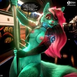 1:1 3d 3d_(artwork) anthro bottomless breasts canid canine claws dialogue english_text excited female fox fur furry furry_only genitals looking_at_viewer mammal nipples nude open_mouth pink_eyes pink_hair public public_nudity public_transportation pussy smile solo speech_bubble tail text zorryn