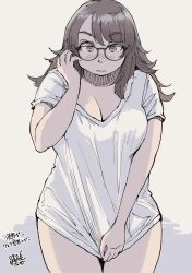 1girls 2022 artist_signature blush brown_hair cleavage embarrassed eyebrows eyebrows_visible_through_hair female female_only glasses hadashi_no_kenji japanese_text long_hair original original_character oversized_shirt shirt_only solo solo_female solo_focus thick_thighs thighs yellow_eyes