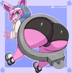 1boy 1femboy anthro ass big_ass big_butt bridget bulge femboy feminine_male furry girly guilty_gear guilty_gear_strive huge_ass inuzu looking_at_viewer looking_back male shorts spandex_shorts thick_thighs wide_hips