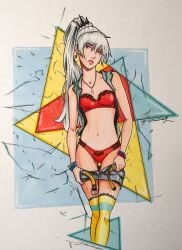 1girls leftitude paperskinned pinup red_bikini rwby weiss_schnee white_hair