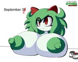 1girls 2021 anthro big_breasts breasts busty emillie_(zanbonsen) female green_body green_hair green_nipples huge_breasts hyper hyper_breasts kirlia pokemon pokemon_(species) red_body red_eyes shortstack solo solo_female white_body zanbonsen