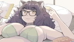 1girls 2022 artist_signature bangs bare_shoulders bra cat_ears chubby cleavage deep_cleavage female female_focus female_only fluffy_hair glasses hadashi_no_kenji japanese_text laying_on_back laying_on_bed long_hair original original_character potato_chips reading reading_book sideboob solo solo_female