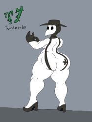 absurd_res anthro ass avian big_butt bird clothing footwear gloves handwear hat headgear headwear hi_res high_heels humanoid looking_back male parasitedeath plague_doctor solo swimwear tattoo turboyabo