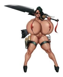 1girls areola_slip areolae bimbo bimbofied black_hair braided_hair dark_skin eyepatch fake_breasts fishnet_stockings fishnets footwear gigantic_breasts gun high_heels holster huge_breasts hyper_breasts large_breasts league_of_legends looking_at_viewer massive_breasts mootium nipple platform_heels riot_games samira_(league_of_legends) string_bikini sword thick_thighs toned_female useless_clothing