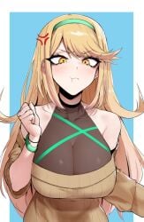 1girls anger_vein angry bangs blonde_hair blush breasts cleavage clothed clothed_female embarrassed female gold_eyes huge_breasts j.k. light-skinned_female light_skin long_hair looking_at_viewer monolith_soft mythra nintendo pout pouting swept_bangs xenoblade_(series) xenoblade_chronicles_2