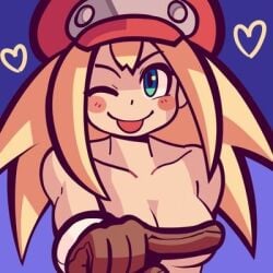 1girls blonde_hair blush breasts gloves hat mega_man mega_man_legends mogy64 nipples_covered nude one_eye_closed one_finger_selfie_challenge roll_caskett solo tongue_out wink