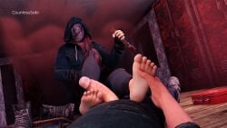 3d 3d_(artwork) blender clothed clothed_female crossover dbd dead_by_daylight feet foot_fetish foot_focus footjob footwear netflix patreon penis purple_toenails sabithegreen soles steve_harrington stranger_things susie_(dead_by_daylight) toes twitter