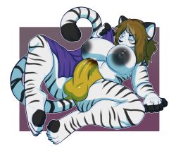 andrea_(dj50) big_ass big_balls big_breasts big_penis black_fingers black_nipples black_nose black_penis black_stripes brown_hair earrings futa_only futanari highres tagme tiger white_balls white_body white_breasts white_fur white_sclera white_tiger yellow_eyes