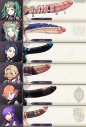 6+girls absurdres artist_name big_penis blonde_hair blue_eyes blue_hair blush catherine_(fire_emblem) character_name chart closed_mouth clothing comparison dark-skinned_female dark_skin earrings erection fire_emblem fire_emblem:_three_houses frown futanari futanari_focus genitalwear gigantic_penis green_eyes green_hair hair_ornament hair_over_one_eye highres huge_cock huge_penis human intersex jewelry kronya_(fire_emblem) kushishekku large_penis long_hair long_image long_penis looking_at_viewer matching_hair/eyes measurements multiple_girls nintendo orange_hair pale_skin penis penis_chart penis_comparison penis_ornament penis_size_chart penis_size_comparison penis_size_difference pointy_ears purple_eyes purple_hair red_eyes rhea_(fire_emblem) shamir_nevrand shez_(female)_(fire_emblem) shez_(fire_emblem) short_hair smile sothis_(fire_emblem) stud_earrings testicles text twintails uncensored veins veiny_penis